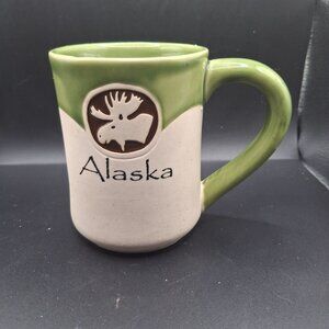 Alaska Moose Ceramic Coffee Mug With Green Handle & Rim